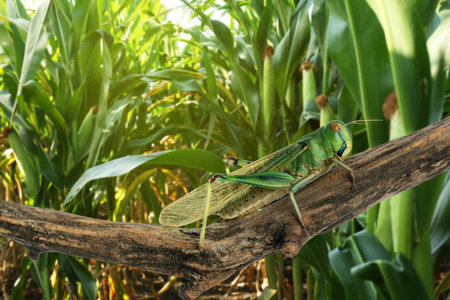 Locust on branch among green plants outdoorsの写真素材