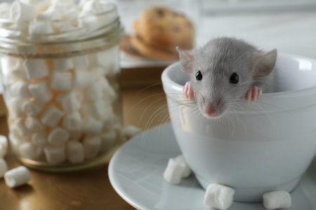 Cute small rat in white cup on table, closeup. Space for text