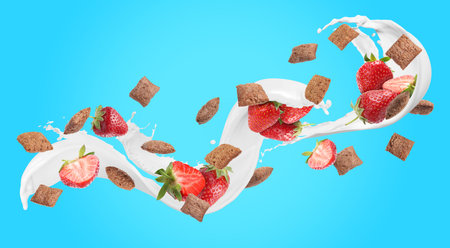 Splashing milk with sweet corn pads and fresh strawberries in air against light blue background....