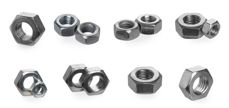 Metal hex nuts isolated on white, set
