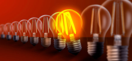Concept of idea. One glowing light bulb among others on red background. Banner design