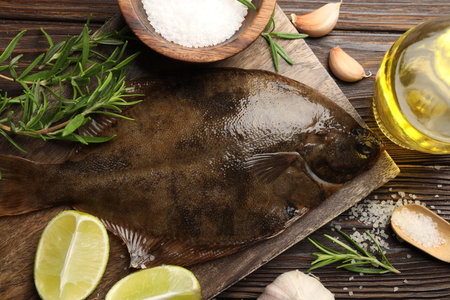 Fresh flounder fish, salt and products on wooden table, flat lay. Raw seafoodの写真素材