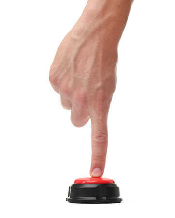 Man pressing button on white background, closeup