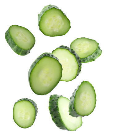 Pieces of fresh cucumbers falling on white backgroundの写真素材