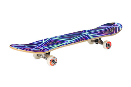 Skateboard with bright pattern in air against white backgroundの写真素材