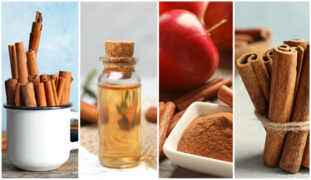 Cinnamon oil, powder and sticks. Collage of pictures