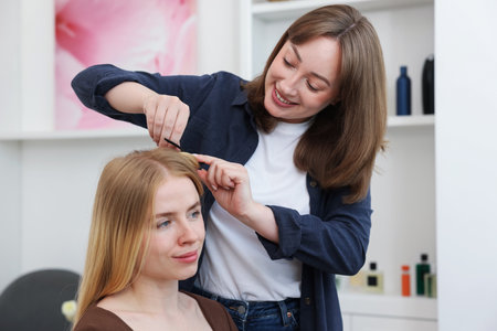Professional hairstylist working with client in salonの写真素材