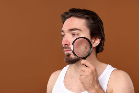 Young man with acne problem holding magnifying glass near his face on brown background. Space for...