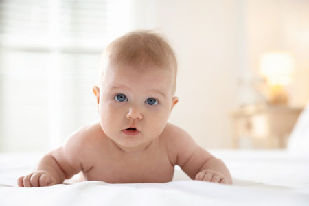 Portrait of cute baby after bathing on bed, closeup