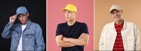 Young man wearing stylish baseball hats. Collage of photos on different colors backgroundの写真素材
