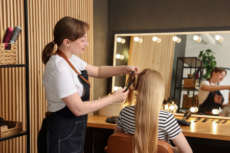 Professional hairstylist working with client in salonの写真素材