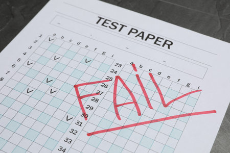Answer sheet with word Fail on gray table, closeup. Student passing exam