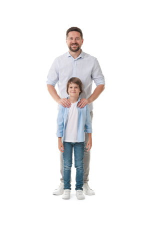 Father and son posing on white backgroundの写真素材