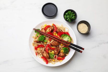 Delicious noodles with meat and vegetables served on white marble table, flat lay