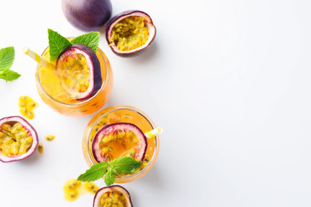 Tasty passion fruit drink with mint in glasses and fresh fruits on white table, flat lay. Space for textの写真素材