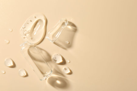 Broken glass ampoule and cosmetic product on beige background, top view