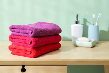 Fresh colorful terry towels and hygiene products on wooden table in bathroom, closeupの写真素材