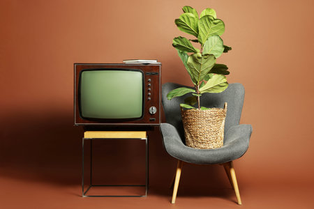 Retro TV set on stand, houseplant and armchair against brown background.