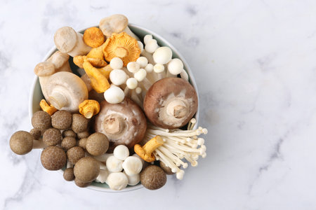 Different raw mushrooms in bowl on light marble table, top view. Space for textの写真素材