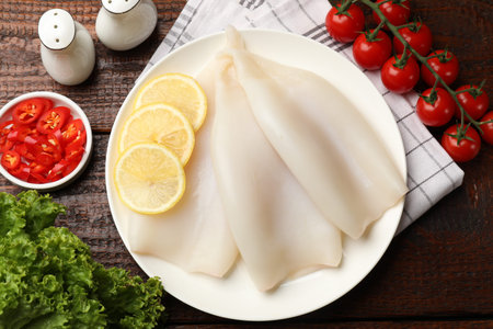 Pieces of raw squids, spices and products on wooden table, flat lay