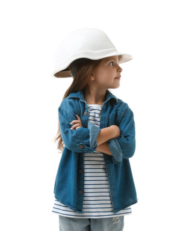 Choice of profession. Little girl in hardhat pretending to be an architect on white backgroundの写真素材