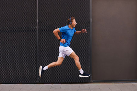 Man in headphones running near building on city street