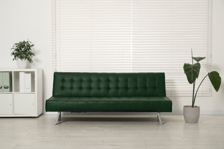 Living room with dark green sofa and houseplants. Interior designの写真素材