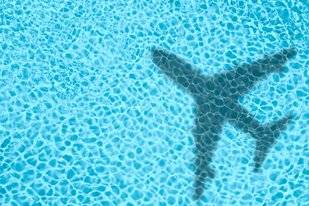 Airplane casting shadow on water, top view