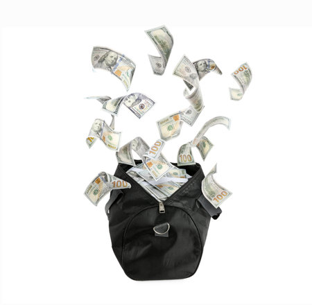 Money flying into black bag against white backgroundの写真素材
