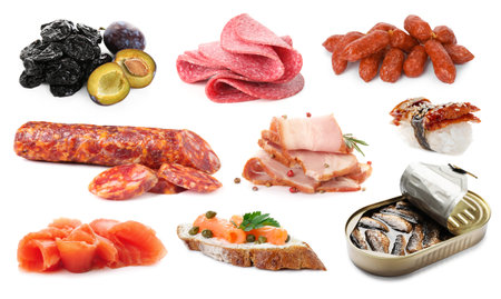 Collection of foods with smoky taste isolated on white