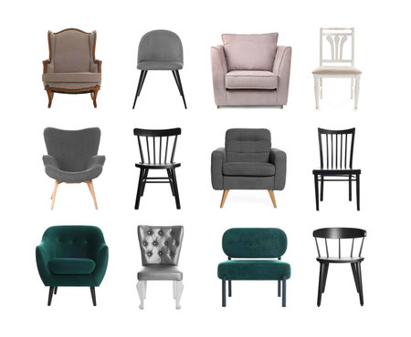 Different chairs isolated on white, set. Stylish furnitureの写真素材