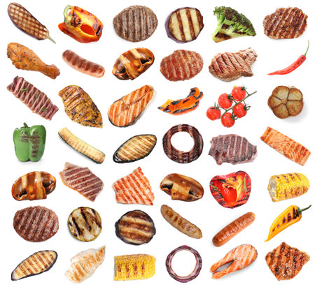 Grilled vegetables, fish and meat isolated on white, collageの写真素材