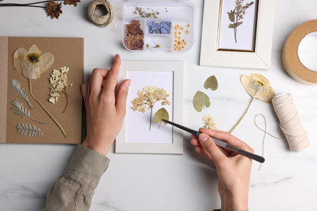 Woman putting dry flowers into picture frame at white marble table, top viewの写真素材