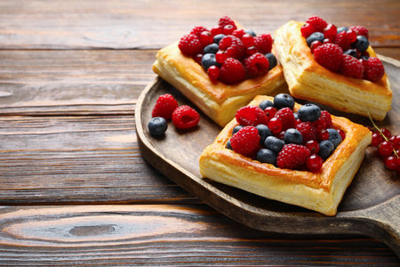 Tasty puff pastries with berries on wooden table, closeup. Space for text