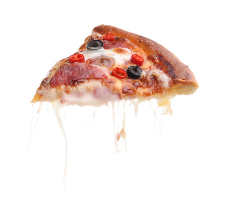 Piece of delicious pizza with cheese, salami, chili and olives isolated on whiteの写真素材
