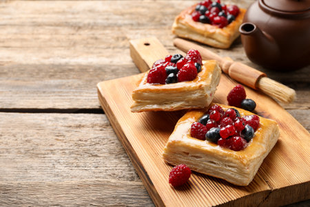 Tasty puff pastries with berries, teapot and brush on wooden table, closeup. Space for textの写真素材