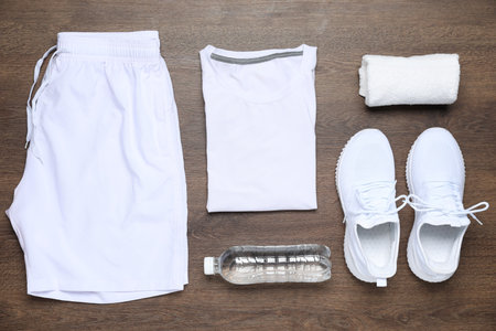 Sportswear, shoes and water bottle on wooden background, flat layの写真素材