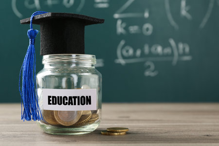 Money for education. Jar with coins and graduate hat on wooden table against chalkboard