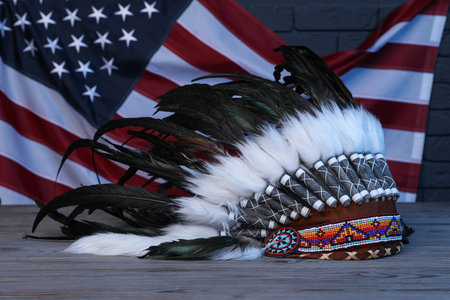 Native American chief headdress (feathered war bonnet) on wooden surface against American flag