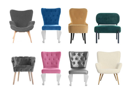 Different chairs isolated on white, set. Stylish furnitureの写真素材
