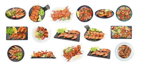 Grilled shrimps isolated on white, set. Delicious sea foodの写真素材