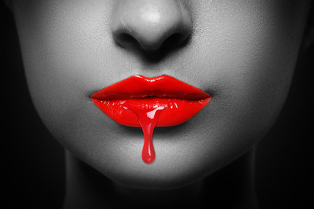 Red liquid lipstick dripping from woman's lip, closeup. Black and white toning with color accentの写真素材