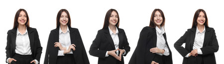 Beautiful woman on white background. Collage of portraitsの写真素材