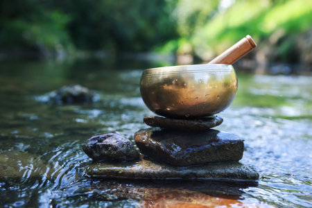 Tibetan singing bowl with mallet on stone in river
