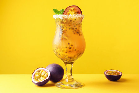 Tasty passion fruit drink with mint in glass and fresh fruits on yellow background
