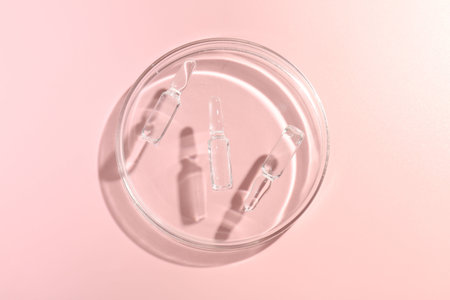 Glass ampoules with cosmetic product and Petri dish on pink background, top view