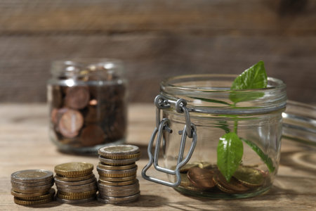 Glass jar with coins and sprout on wooden table, closeup