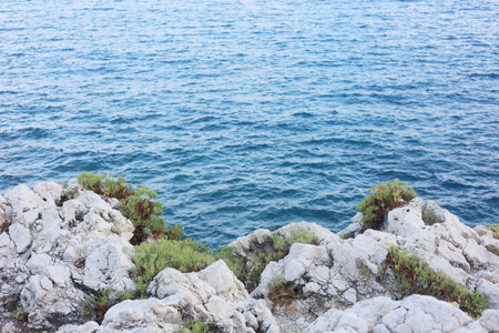 Sea with clean water and stones on shore in summer, above view