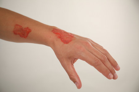 Man with burned hand on light gray background, closeupのeditorial素材
