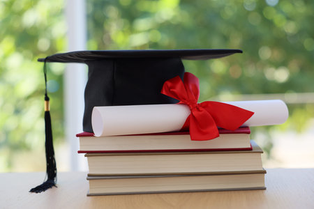 Graduation cap, stack of books and diploma on wooden table against blurred green background, closeup